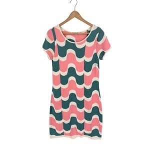 Boden Pink Teal Wavy Scallop Knit Sheath Dress US 8R Mod Retro Preppy‎ Whimsical